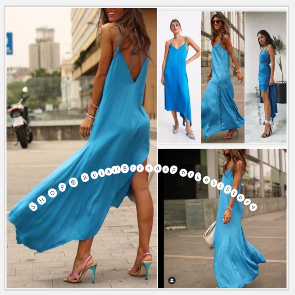ZARA COBALT BLUE SATIN CAMISOLE SLIP MAXI MIDI DRESS $70